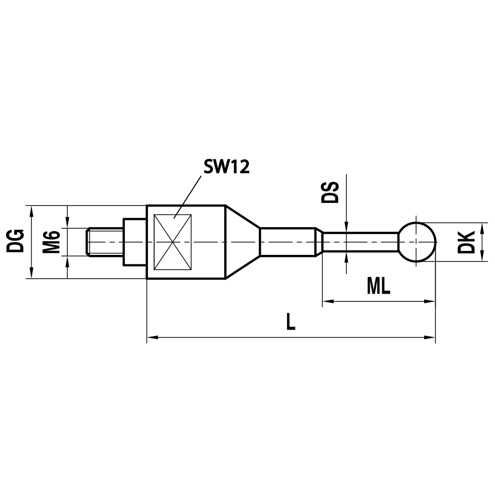 Drawing of product M6 Straight Stylus; DK 20.0 mm; L 59.0 mm